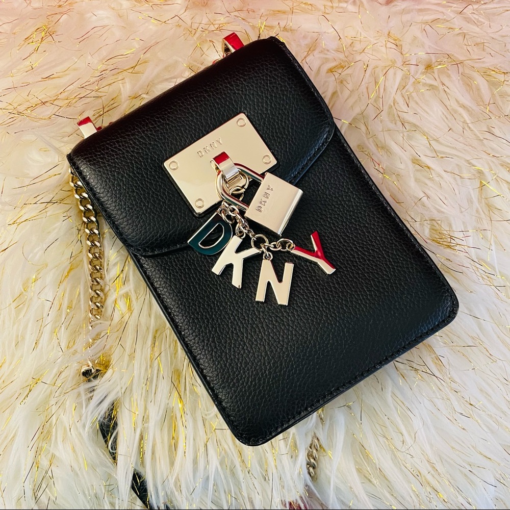 DKNY Elissa North South Black Leather Phone Crossbody (Gold chain strap)